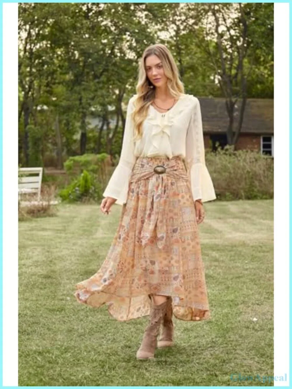Flowy Western Maxi Skirt High Low Hem Stretchy Waistband Boho
